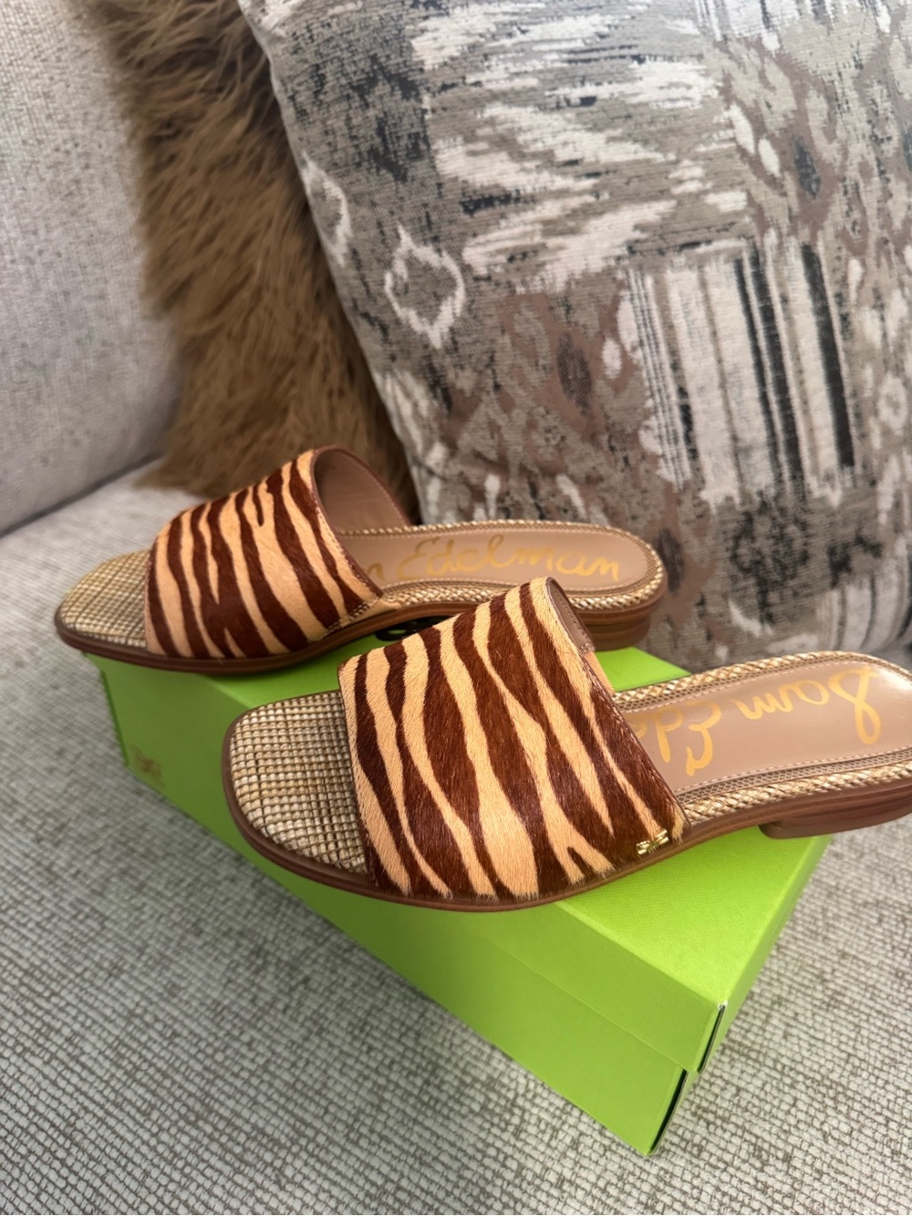 Sam Edelman Tan and Brown Zebra-Print Slide Mules